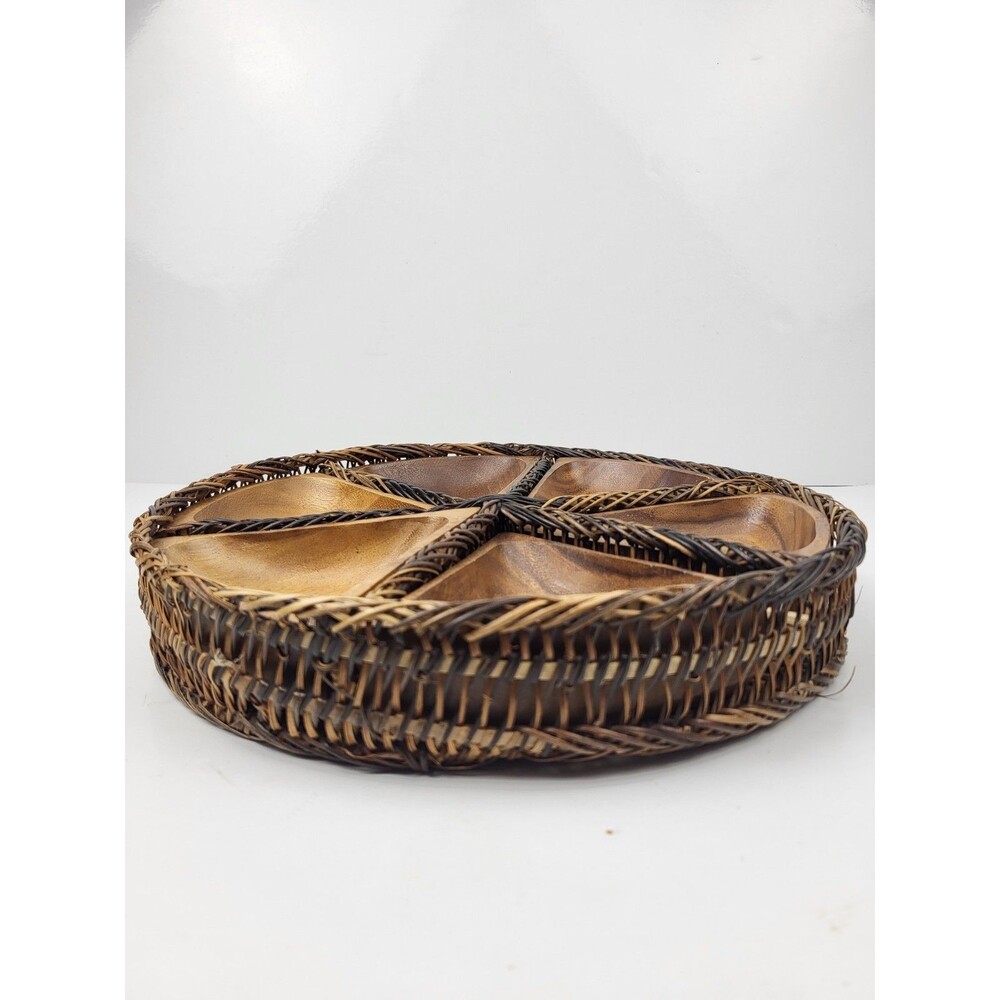 Vintage MCM Wood And Rattan Serving Platter Hand Crafted 12 Inch - Picture 4 of 7
